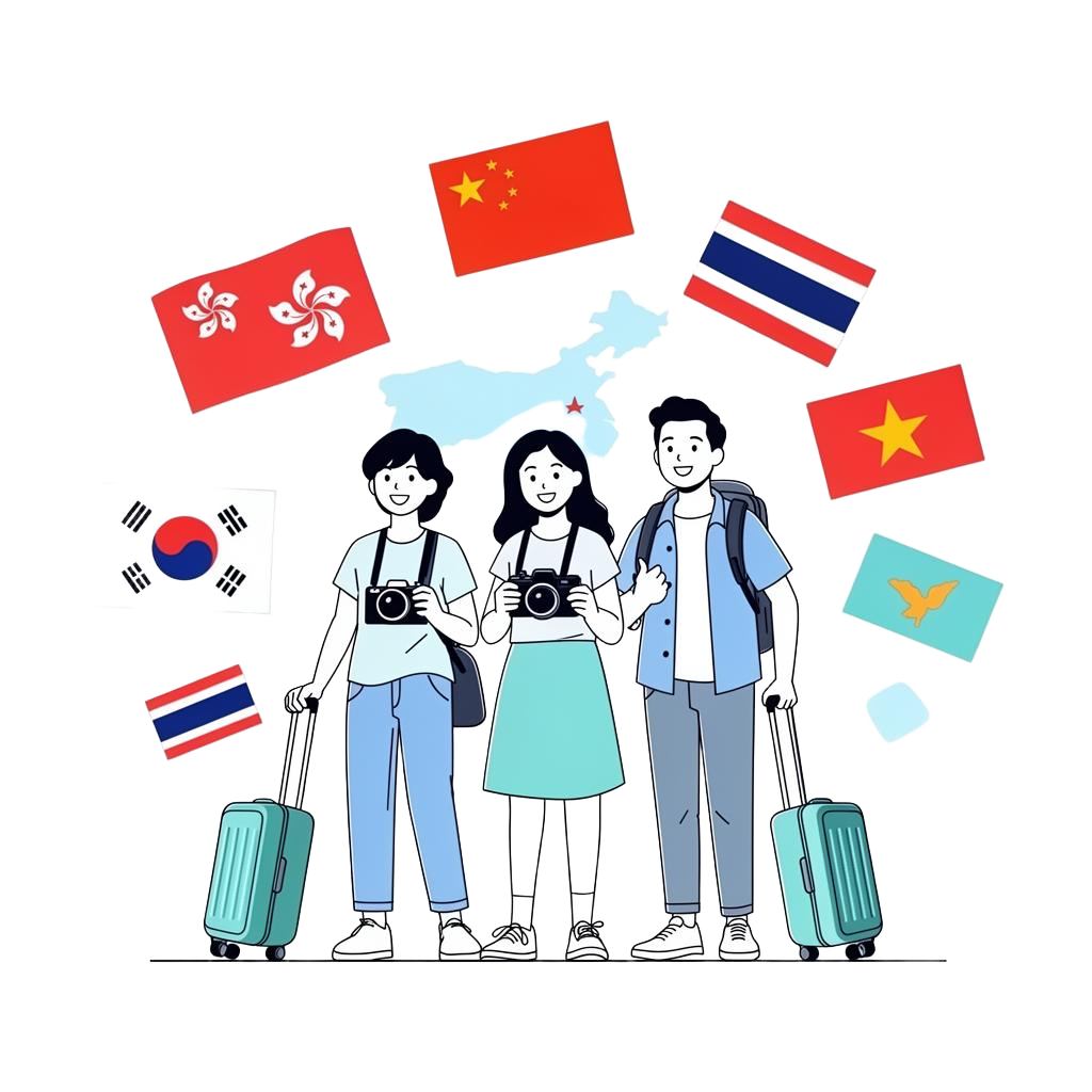Asian travellers and country flags